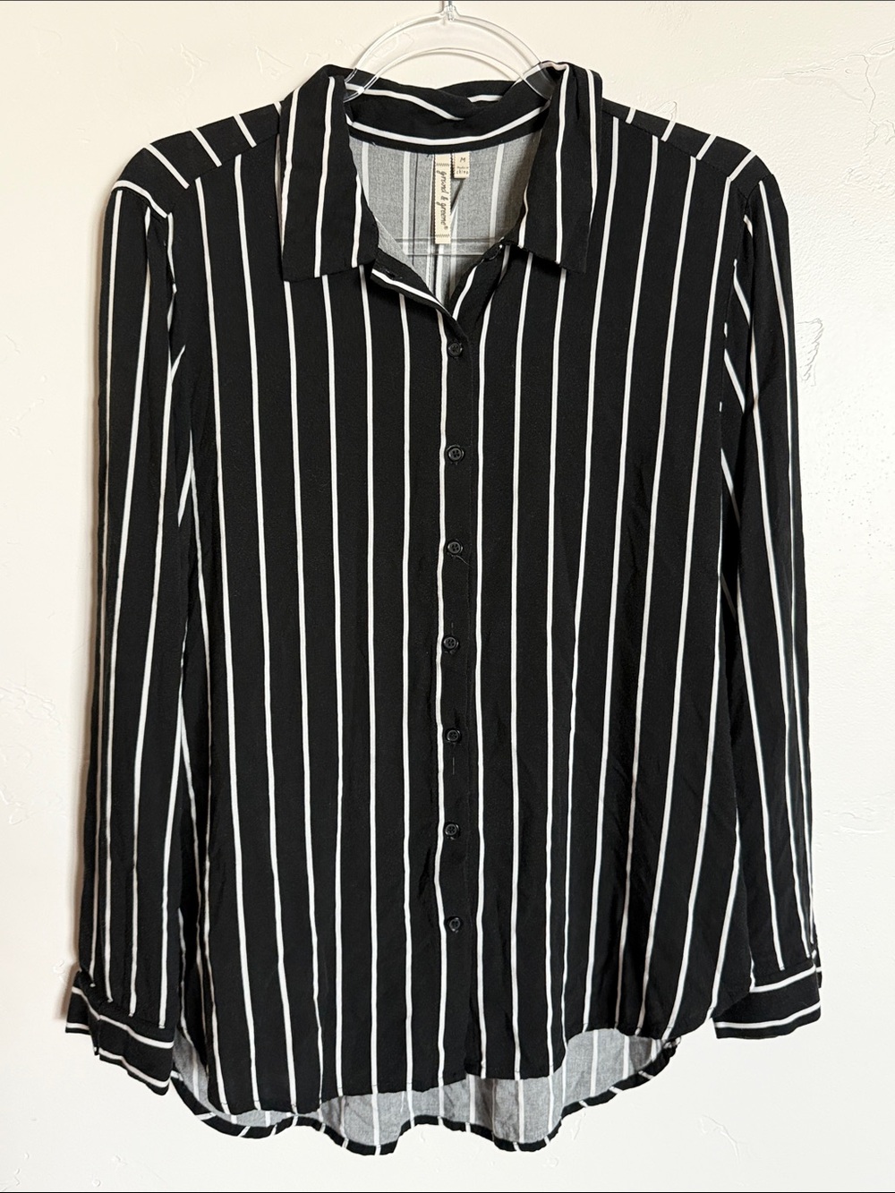 grand & greene Black Button-Down Shirt with White Vertical Stripes Lightweight